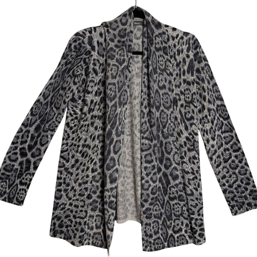 Pure Amici 100% Cashmere Leopard Print Open Cardigan Sweater M Coastal Grandma
